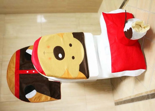 3-teiliges Weihnachts-Toilettenset mit Rentier-Motiv, bestehend aus Toilettenbezug, Spülkastenbezug und Bodenteppich.