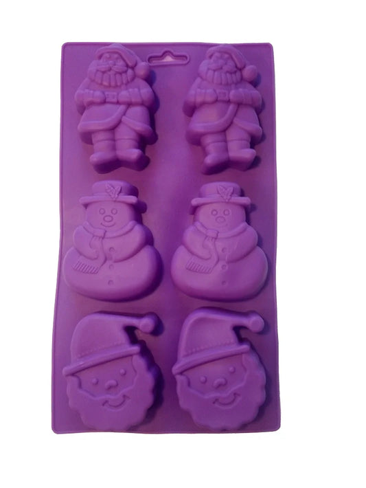 Lila Silikon-Backform mit 6 weihnachtlichen Motiven: 2 x Weihnachtsmann (Figur), 2 x Schneemann und 2 x Weihnachtsmann Kopf.
