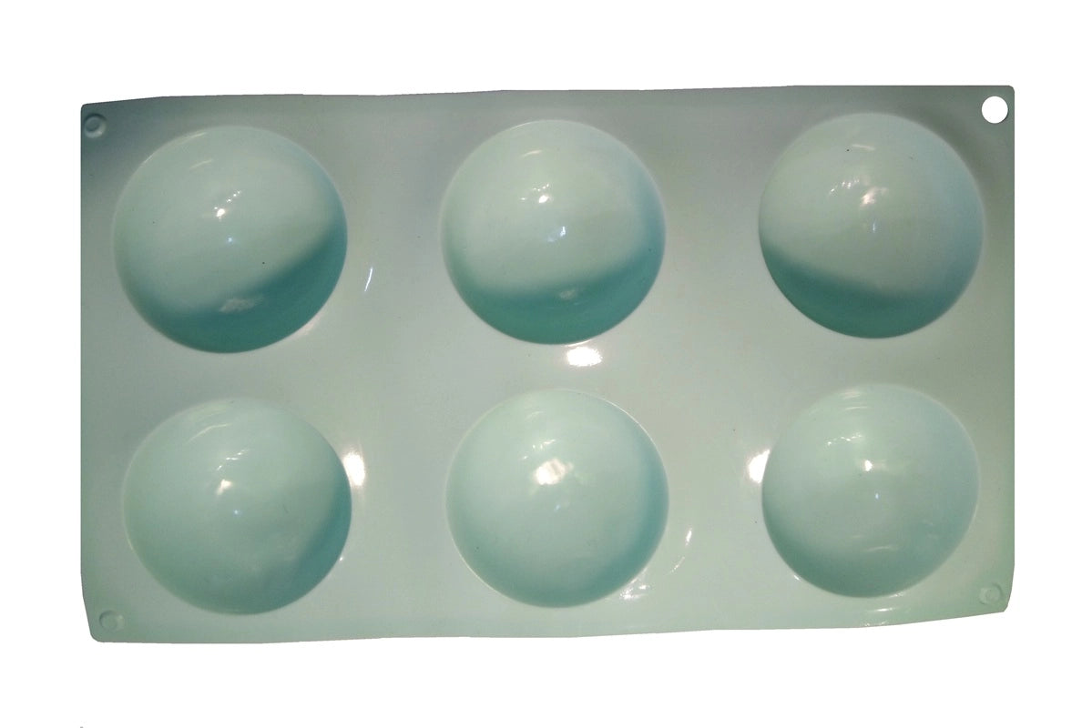 Gesamtansicht der grossen, rechteckigen Silikon Backform in Türkis mit 6 runden Mulden.