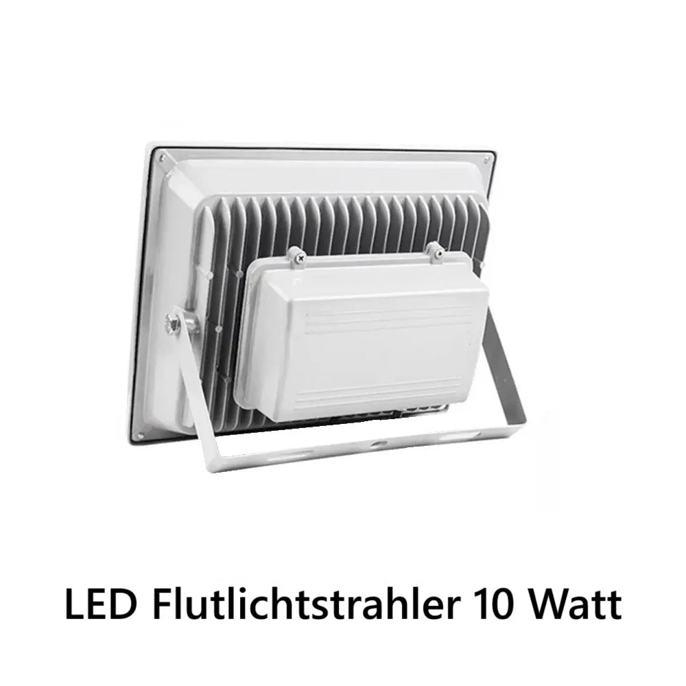 Kleiner LED Fluter 10 W aus Aluminium und gehärtetem Glas - wetterfest und energieeffizient.