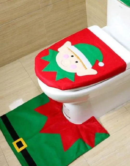 2-teiliges Weihnachts-WC-Set, bestehend aus Toilettenbezug: 45 x 34 cm und Bodenteppich: 54 x 49 cm aus Vlies.