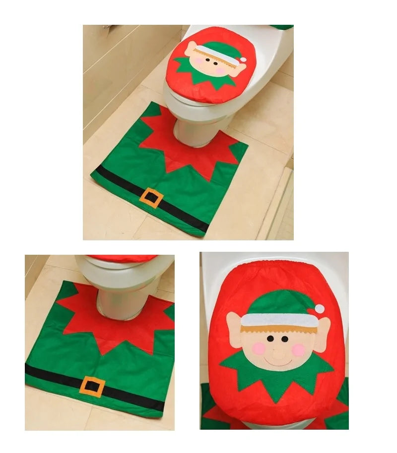 Elf (Weihnachtself) Motiv: Toilettenbezug mit Zipfelmütze und Teppich als Gürtel/Beine in Rot-Grün.