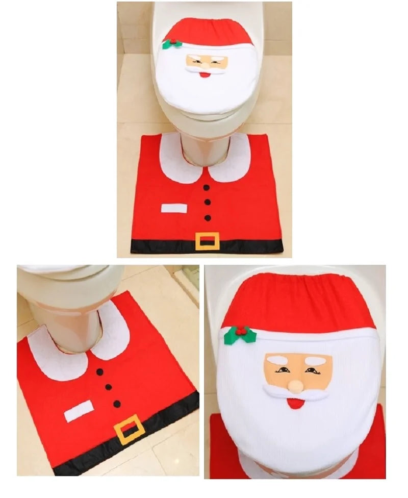 Weihnachtsmann-Motiv des 2er Bad-Sets: Klobrillenbezug mit Gesicht und Teppich als Anzug/Gürtel.