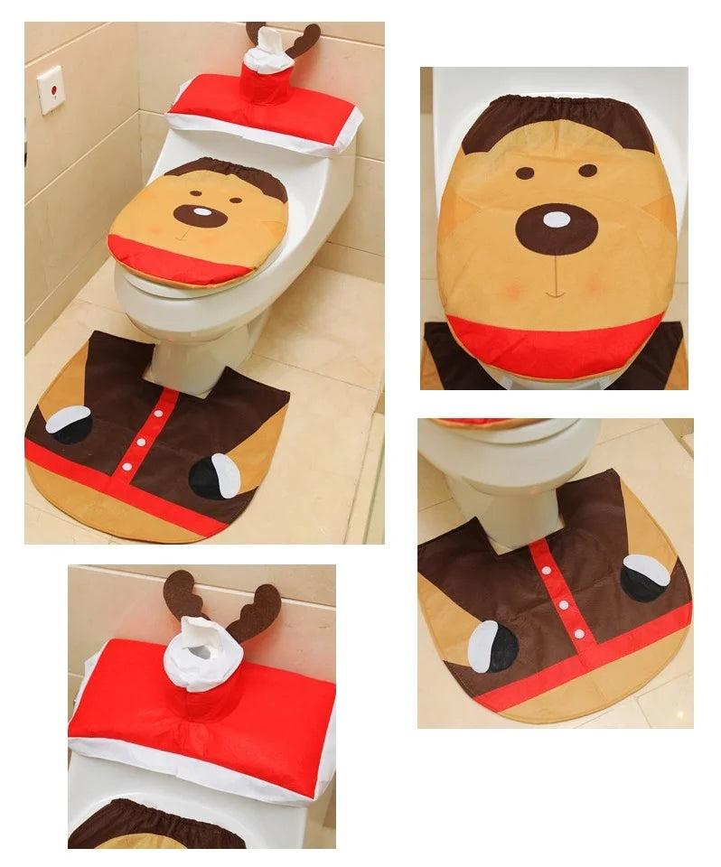 Komplettes Weihnachts-Bad-Dekoration Set, zeigt alle drei Teile: Toilettenbezug, Spülkastenbezug und Teppich.