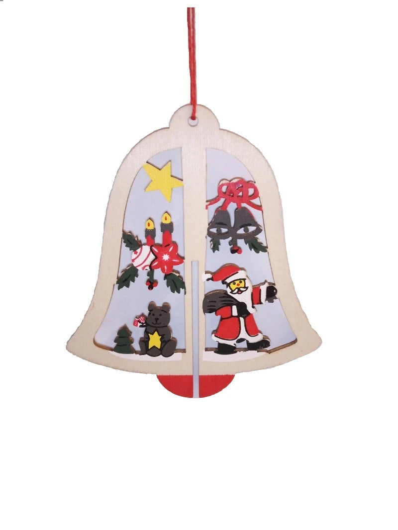 Klassische Glockenform aus Holz, innen geteilt mit traditionellen Weihnachtsszenen wie Kerzen, Glocken und einem Weihnachtsmann.