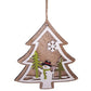 Holz-Tannenbaum-Ornament, dessen Silhouette einen fröhlichen Schneemann und eine kleine Tanne in einer grünen Szene einrahmt.