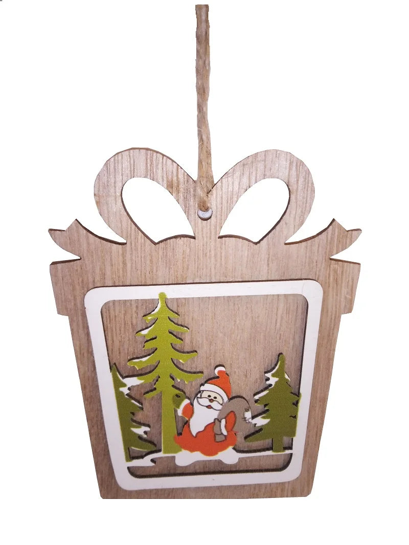 Drei-dimensionale Holz-Dekoration in Form einer Geschenkschachtel, verziert mit einem rot-weiss gekleideten Weihnachtsmann.