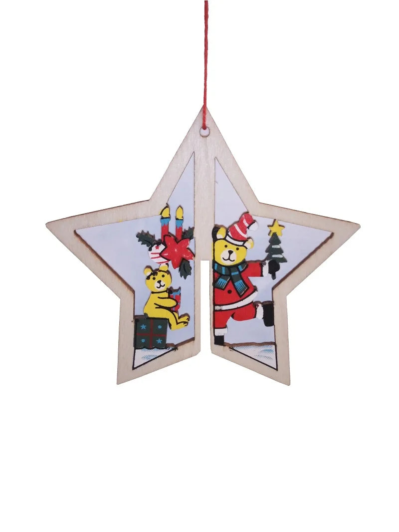 Holz-Ornament in Form eines fünfzackigen Sterns, der einen farbige Teddybären in winterlichen Festtagsszenen zeigt.