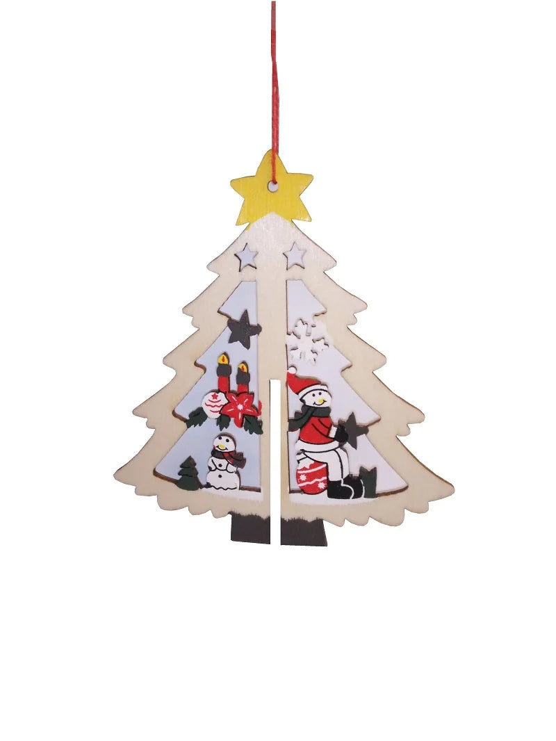 Langlebiger, beidseitig dekorierter Holz-Tannenbaum-Anhänger mit Sternspitze und kleinen Weihnachtsmotiven.