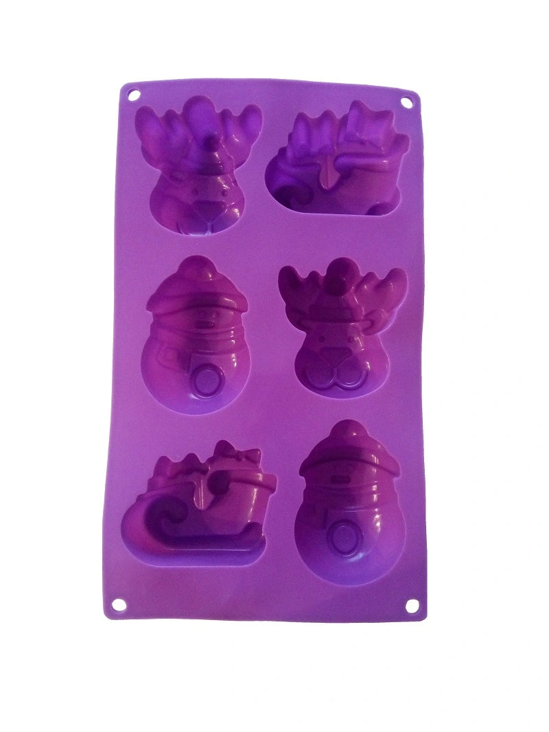 Stabile Antihaft-Backform aus Silikon für festliche Leckereien in den Formen Weihnachtsschlitten, Elch und Winter-Schneemann.