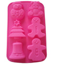 Pinke Silikon Backform mit 6 Weihnachtsmotiven: Schneemann, Teddybär, Weihnachtsbaum, Lebkuchenmann und Weihnachtsglocke.