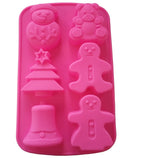 Pinke Silikon Backform mit 6 Weihnachtsmotiven: Schneemann, Teddybär, Weihnachtsbaum, Lebkuchenmann und Weihnachtsglocke.