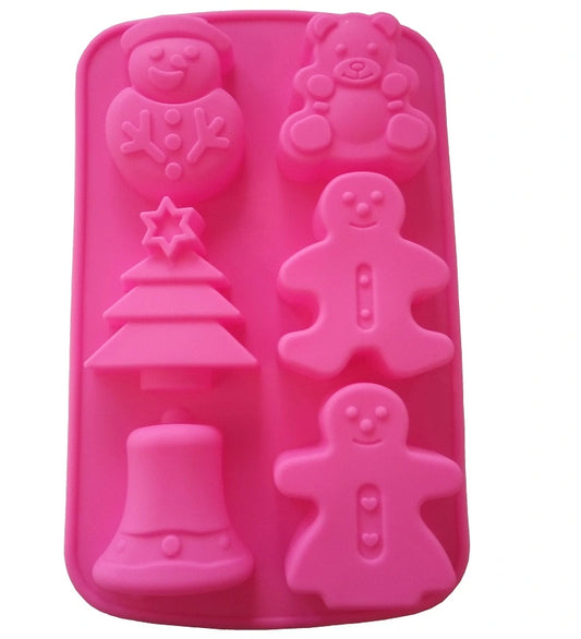 Pinke Silikon Backform mit 6 Weihnachtsmotiven: Schneemann, Teddybär, Weihnachtsbaum, Lebkuchenmann und Weihnachtsglocke.