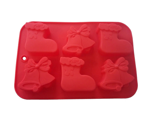 Hochwertige, lebensmittelechte Silikon-Giessform in leuchtendem Rot für festliche Leckereien in Form von Glocken und Strümpfen.