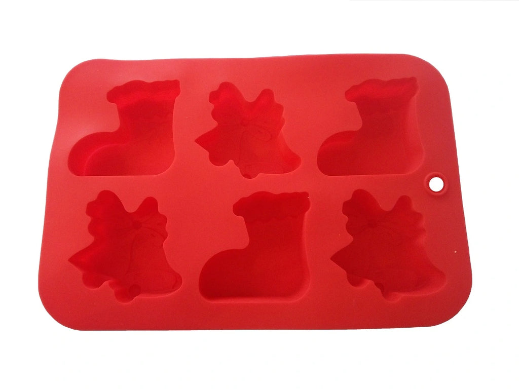 Silikonform mit Motiven Weihnachtsglocke (5 cm Länge) und Weihnachtssocken (6 cm Länge) für Pralinen und kleine Kuchen.