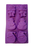 Lila Silikon-Backform mit 6 weihnachtlichen Motiven: 2 x Weihnachtsmann (Figur), 2 x Schneemann und 2 x Weihnachtsmann Kopf.