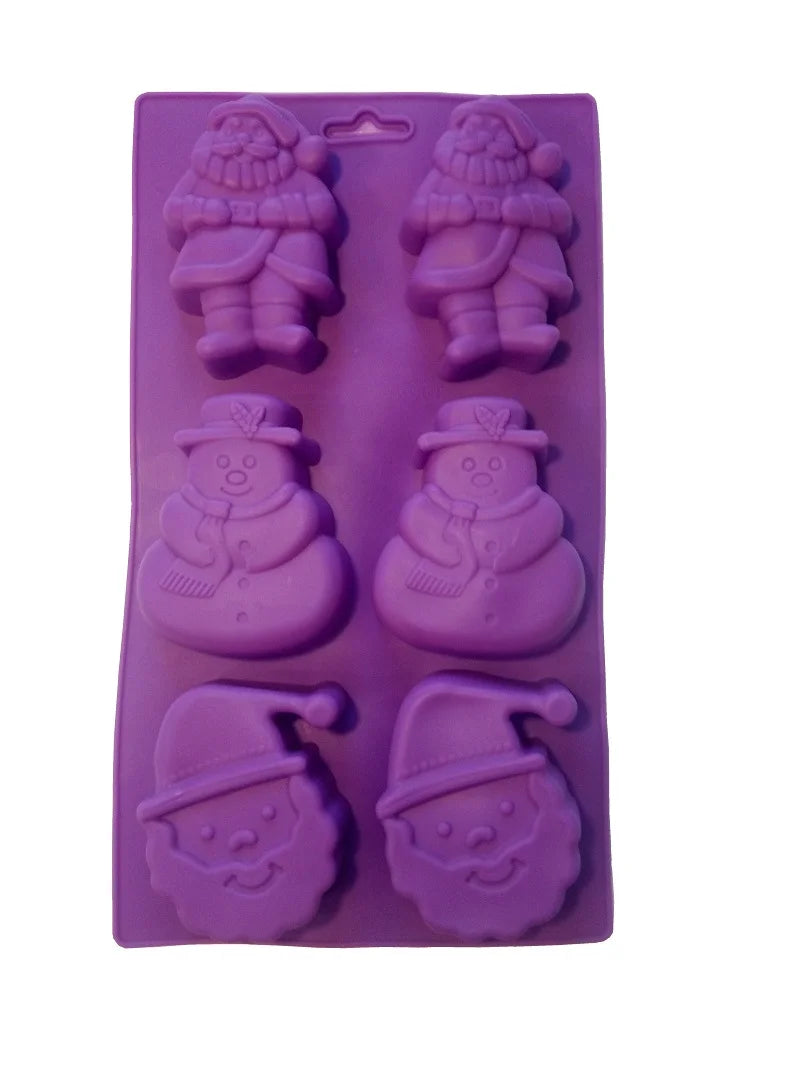 Lila Silikon-Backform mit 6 weihnachtlichen Motiven: 2 x Weihnachtsmann (Figur), 2 x Schneemann und 2 x Weihnachtsmann Kopf.