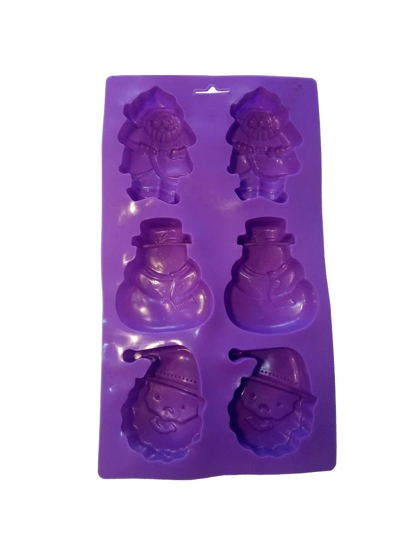 Hochwertige, langlebige Silikon-Giessform in Lila für die Weihnachtsbäckerei mit Weihnachtsmann- und Schneemann-Motiven.