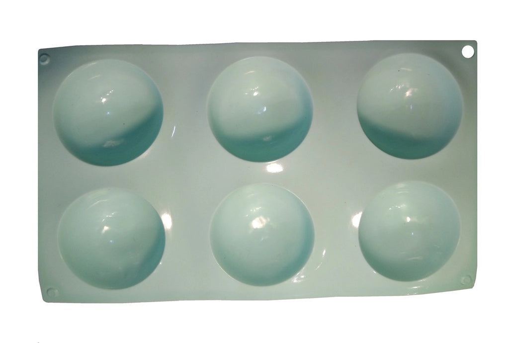 Gesamtansicht der grossen, rechteckigen Silikon Backform in Türkis mit 6 runden Mulden.