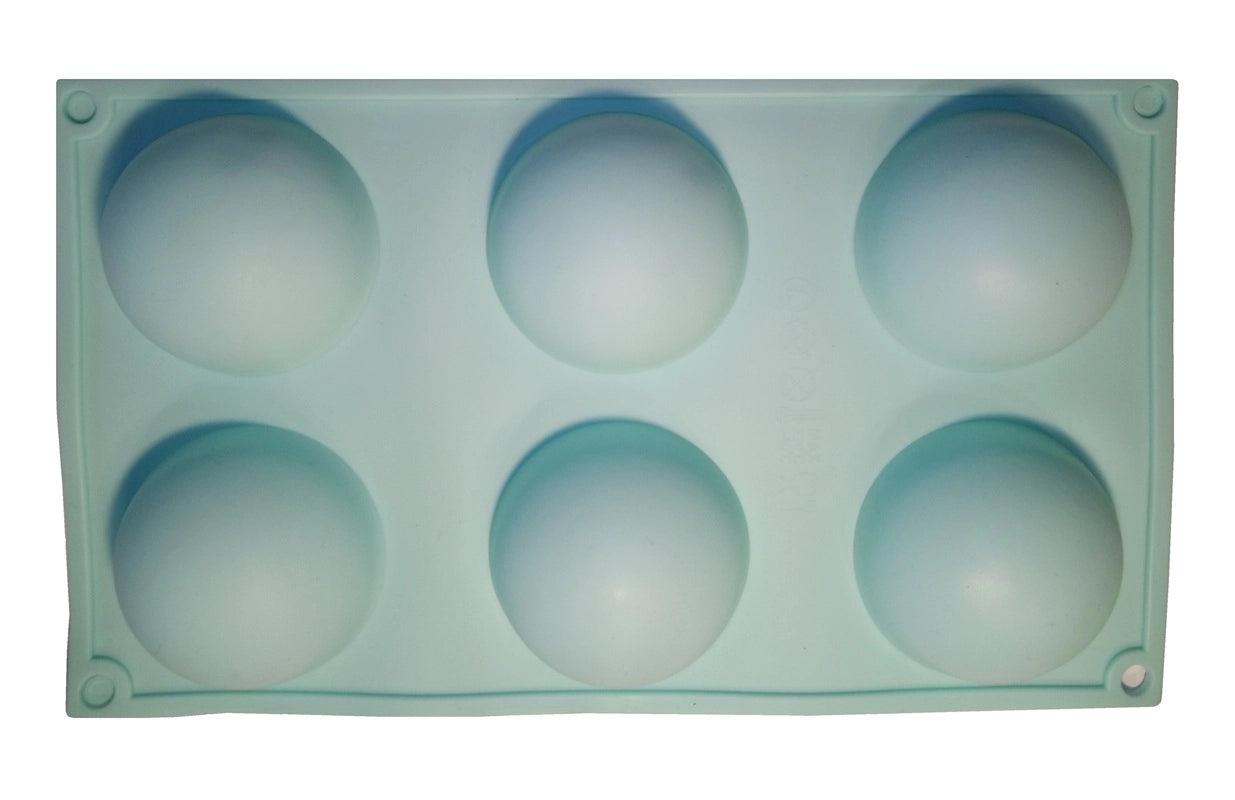 Grosse Silikon Backform (29.5 x 17 cm) in Türkis mit 6 Halbkugel Mulden (Ø 7 cm).