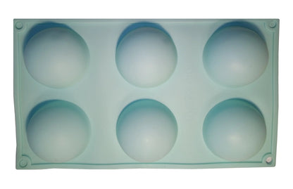 Grosse Silikon Backform (29.5 x 17 cm) in Türkis mit 6 Halbkugel Mulden (Ø 7 cm).