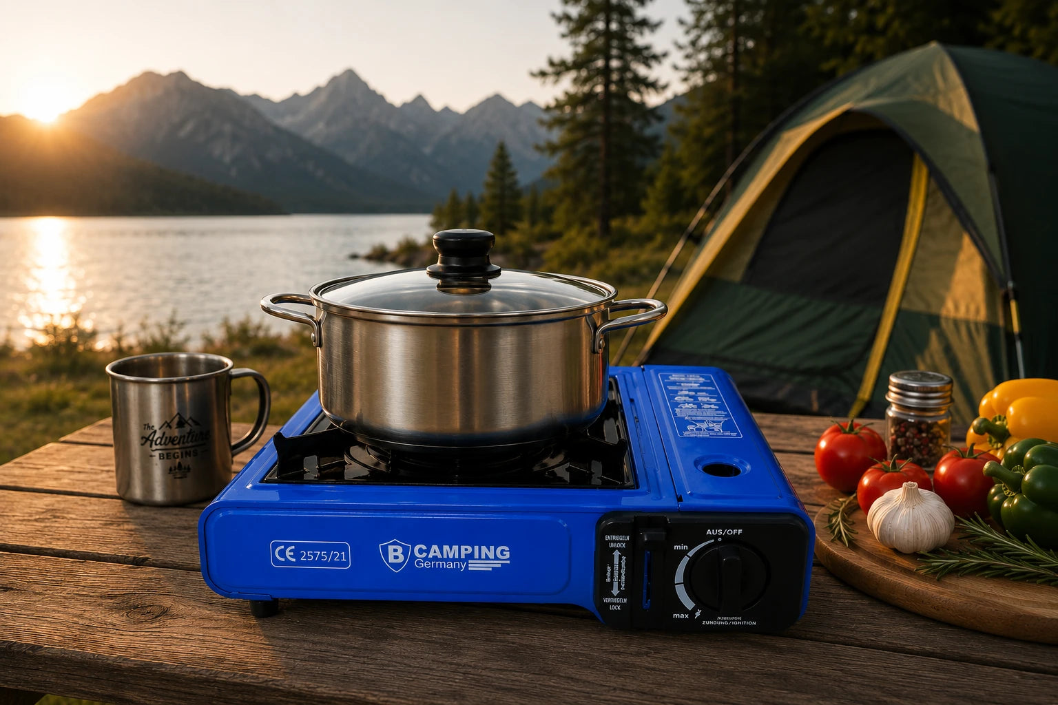 B-Camping Gaskocher mit Kochtopf beim Camping am See. Leistungsstarker Campingkocher für Outdoor, Reisen, Wandern und die Zubereitung warmer Mahlzeiten in der Natur.