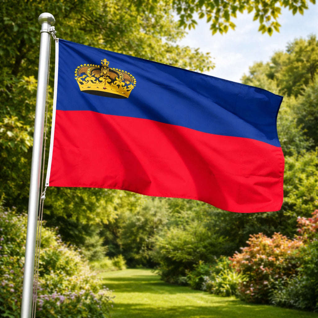 Liechtenstein Nationalflagge mit Krone - 150x90 cm Outdoor Fahne - patriotische Dekoration im Garten.