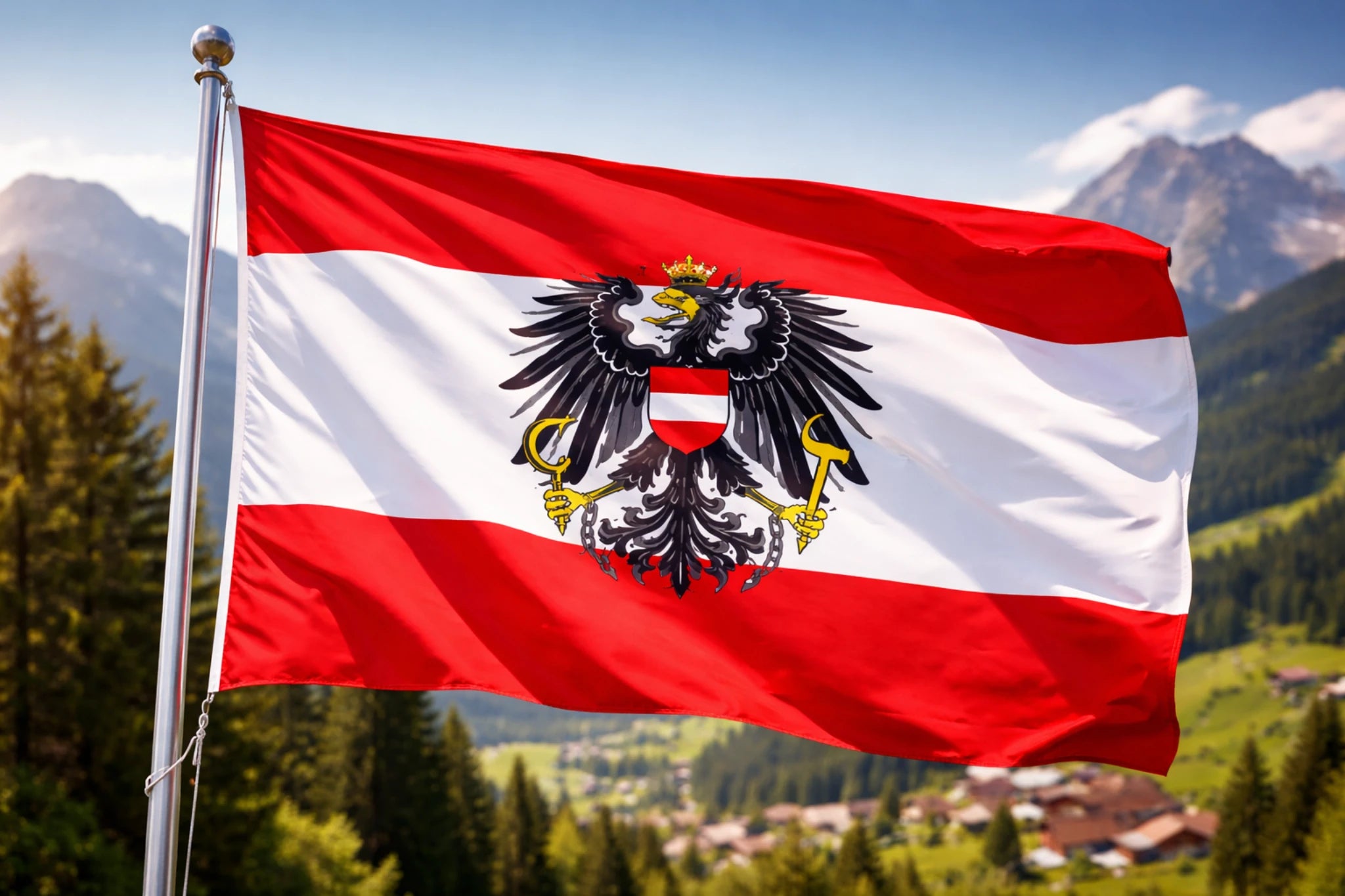 Österreich Fahne mit Bundesadler 150x90 cm - rot weiss rot Nationalflagge - Outdoor Flagge am Fahnenmast in Alpenlandschaft