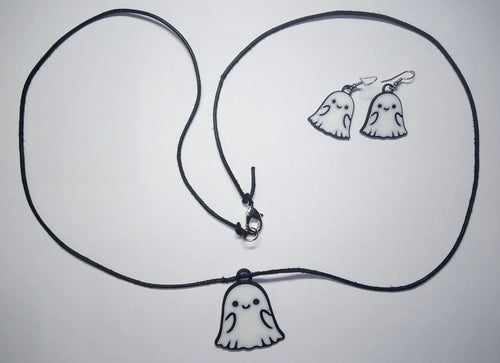 Halloween Schmuck in Schwarz-Weiss - Kette mit Gespenst Anhänger und passenden Ohrringen