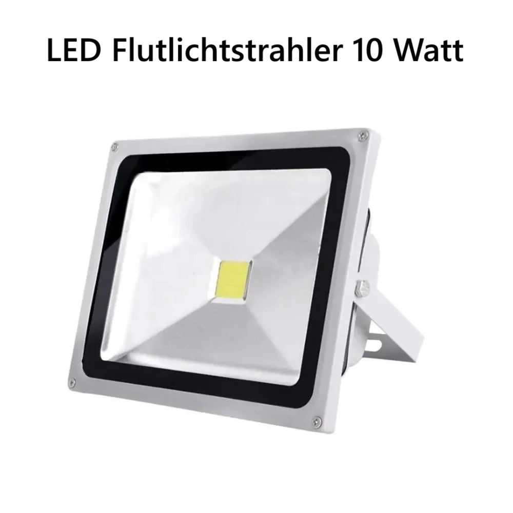 LED Flutlichtstrahler 10 Watt in Silber - kompakt, wasserdicht IP65, hell wie Tageslicht.