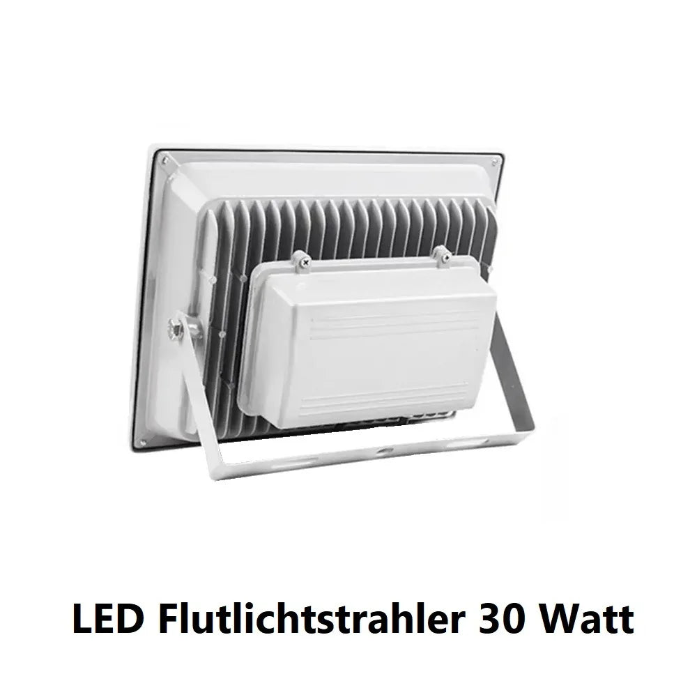 Wetterfester LED Fluter 30 W aus Aluminium und gehärtetem Glas - energieeffizient und CE-zertifiziert.