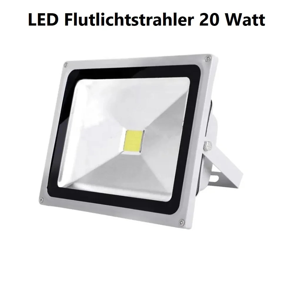 LED Flutlichtstrahler 20 Watt in Silber - wetterfeste Aussenleuchte mit IP65 Schutz, helles Tageslichtweiss.