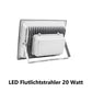 Wasserdichter LED Fluter aus Aluminium und gehärtetem Glas - energieeffiziente Aussenbeleuchtung 20W.