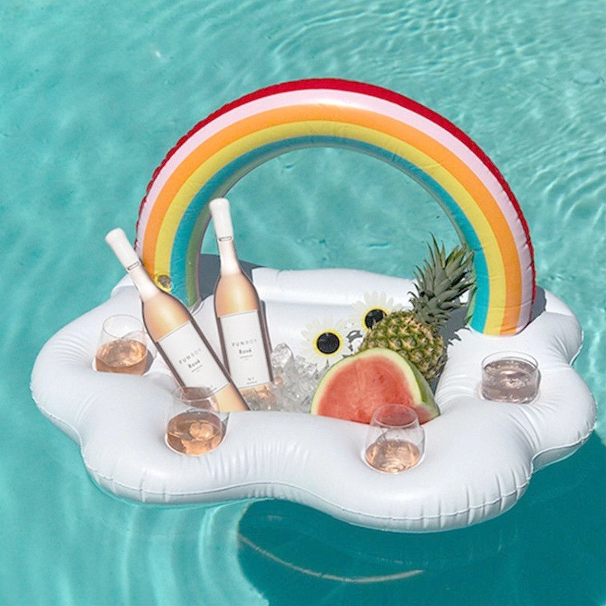 Aufblasbare Poolbar mit Regenbogen und vier Getränkehaltern im Pool. Schwimmende Poolbar für Getränke, Snacks und Eiswürfel – ideales Poolzubehör für Sommer, Gartenpool und Poolparty.