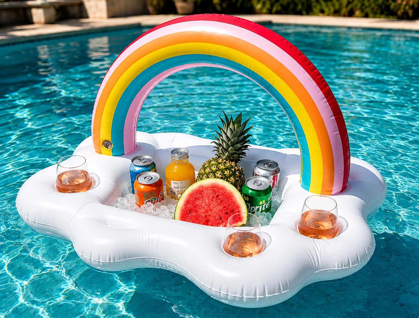Schwimmende aufblasbare Poolbar mit Regenbogen, Getränkedosen, Saft, Ananas und Wassermelone im Pool. Praktisches Poolzubehör mit Getränkehaltern für Sommer und Poolparty.