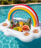 Aufblasbare Poolbar mit Regenbogen, Getränken, Eiswürfeln und frischen Früchten im Pool. Schwimmende Bar mit vier Getränkehaltern für Sommer, Gartenpool und entspannte Pooltage.