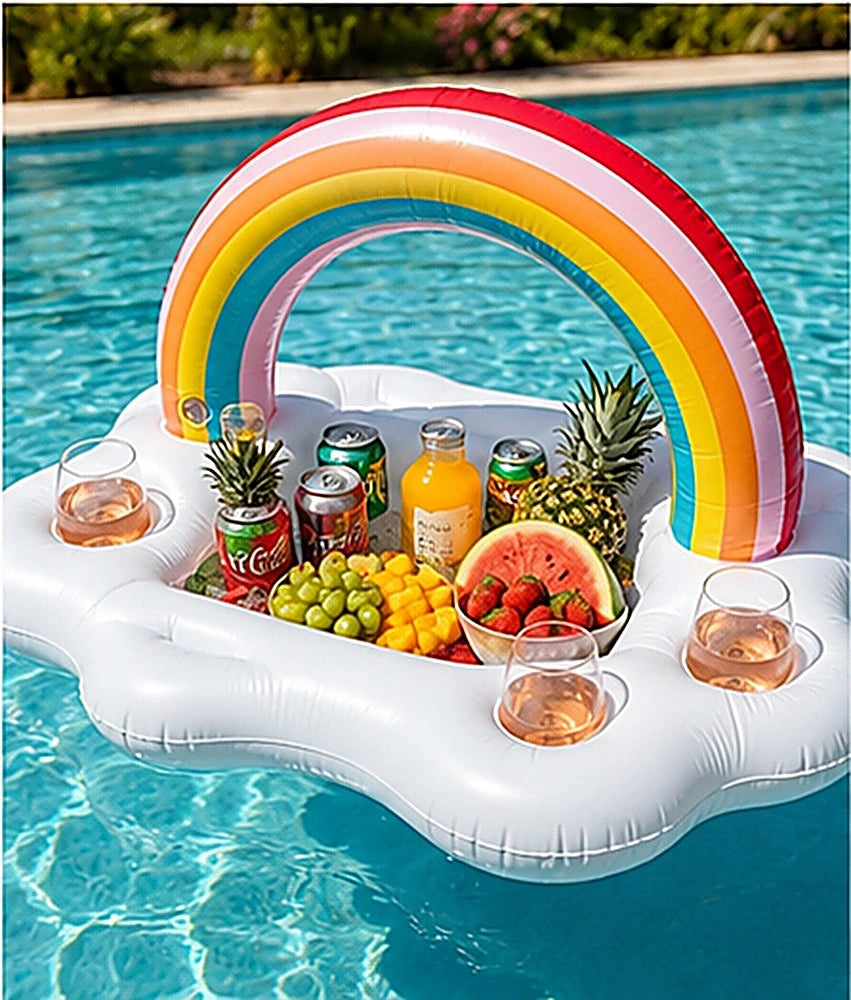 Aufblasbare Poolbar mit Regenbogen, Getränken, Eiswürfeln und frischen Früchten im Pool. Schwimmende Bar mit vier Getränkehaltern für Sommer, Gartenpool und entspannte Pooltage.