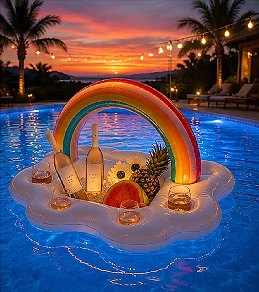 Aufblasbare Poolbar mit Regenbogen und Getränken bei Sonnenuntergang im beleuchteten Pool. Stilvolles Poolzubehör mit Getränkehaltern für Sommerabende, Poolpartys und Ferien.