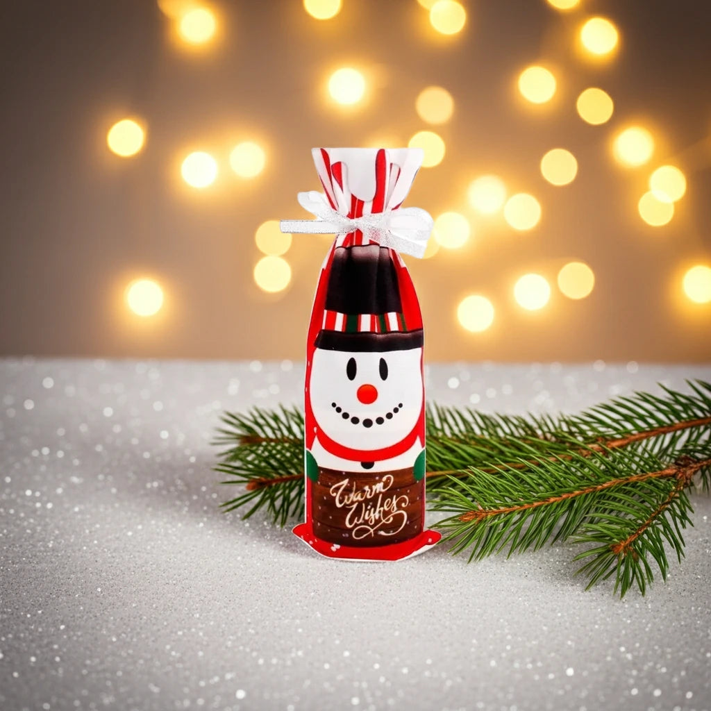 Einzelne Stoff-Flaschenhülle mit fröhlichem Schneemann-Motiv, auf glitzerndem Untergrund neben einem Tannenzweig arrangiert.
