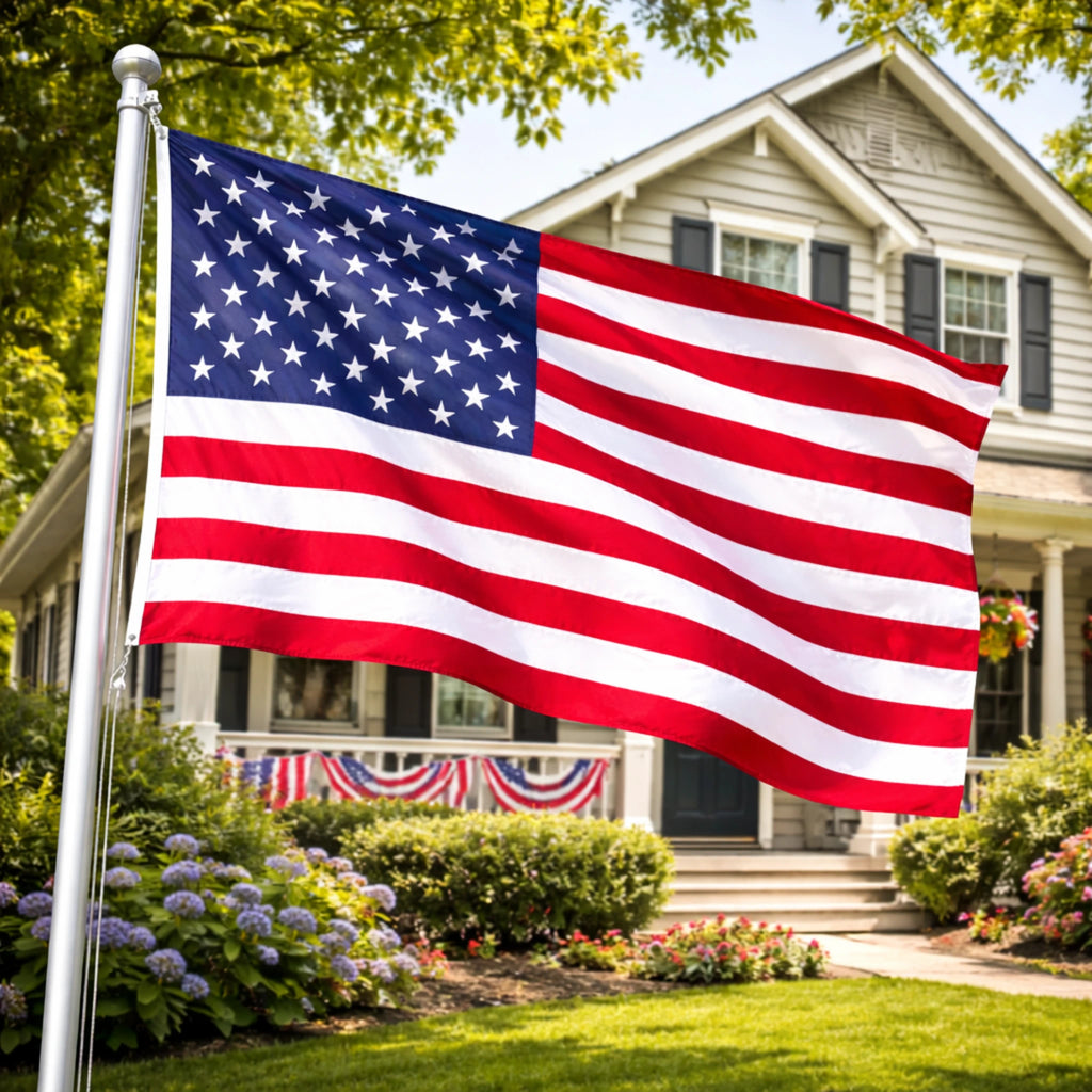 USA Fahne 150 x 90 cm am Fahnenmast vor typisch amerikanischem Haus, im Garten wehend.