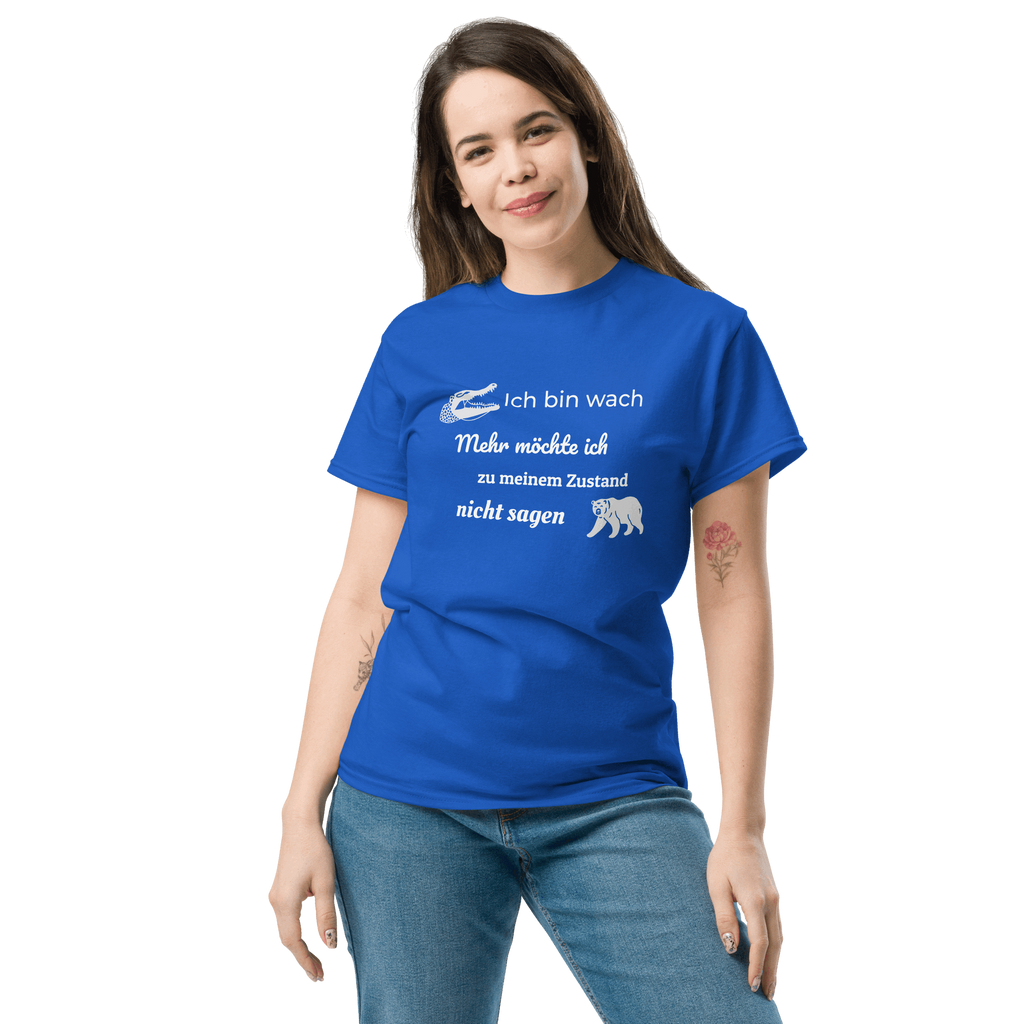 Maglietta unisex con la scritta "Ich bin wach" (Sono sveglio)