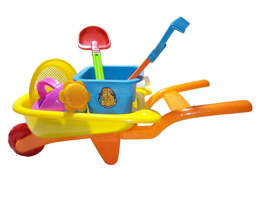 8-teiliges Sandspielset mit Schubkarre und farbigen Werkzeugen.
